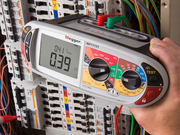 Electrical multifunction tester used for inspection and testing at a distribution board