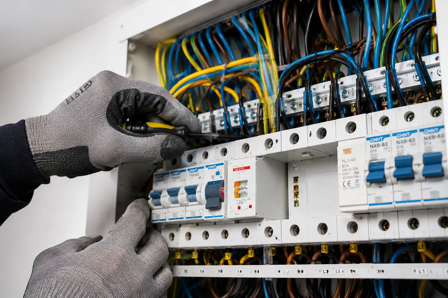 Electrician working on an electrical distribution board
